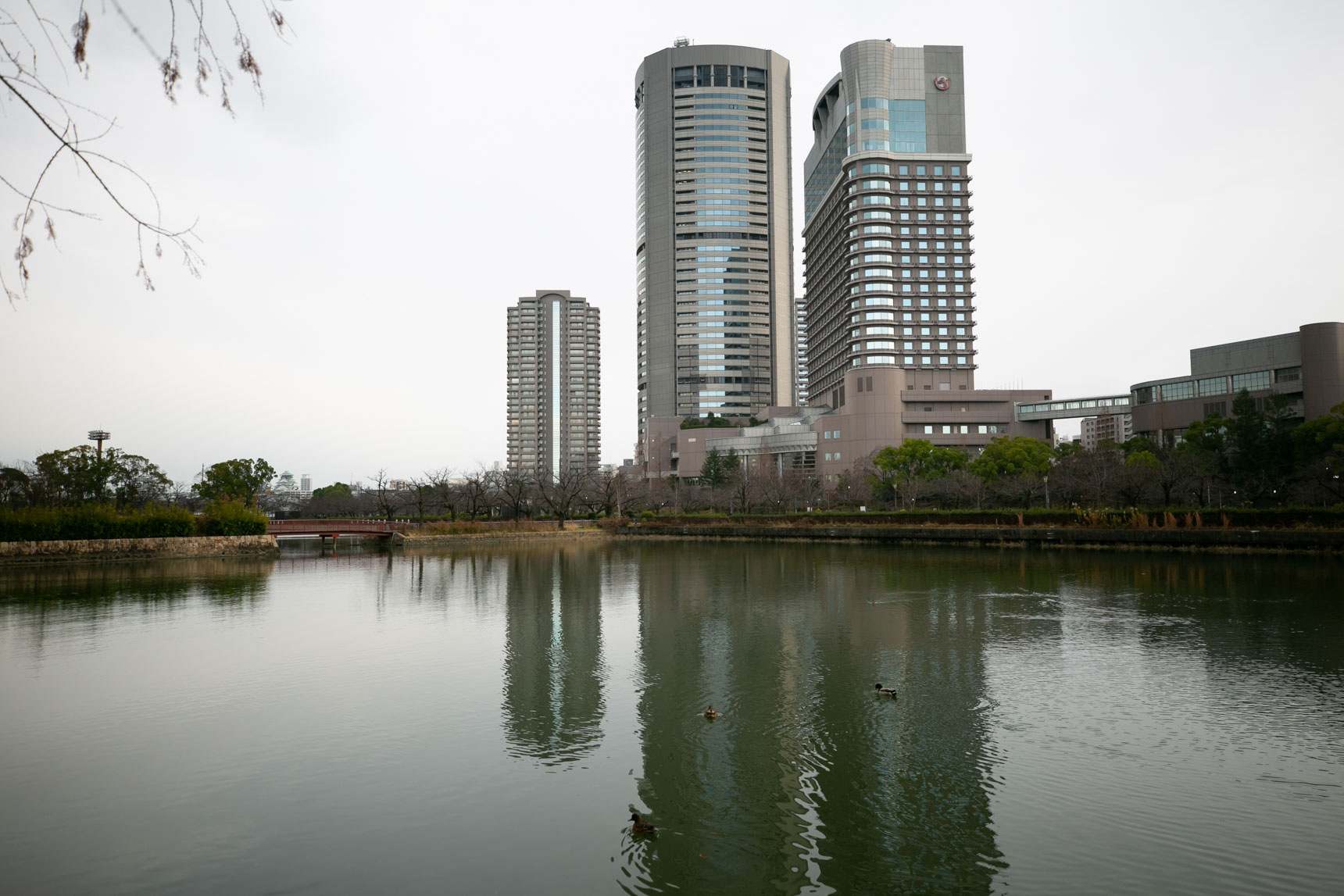 桜ノ宮駅近くの「大阪ふれあいの水辺」から。帝国ホテル、それに大阪城が見えています。