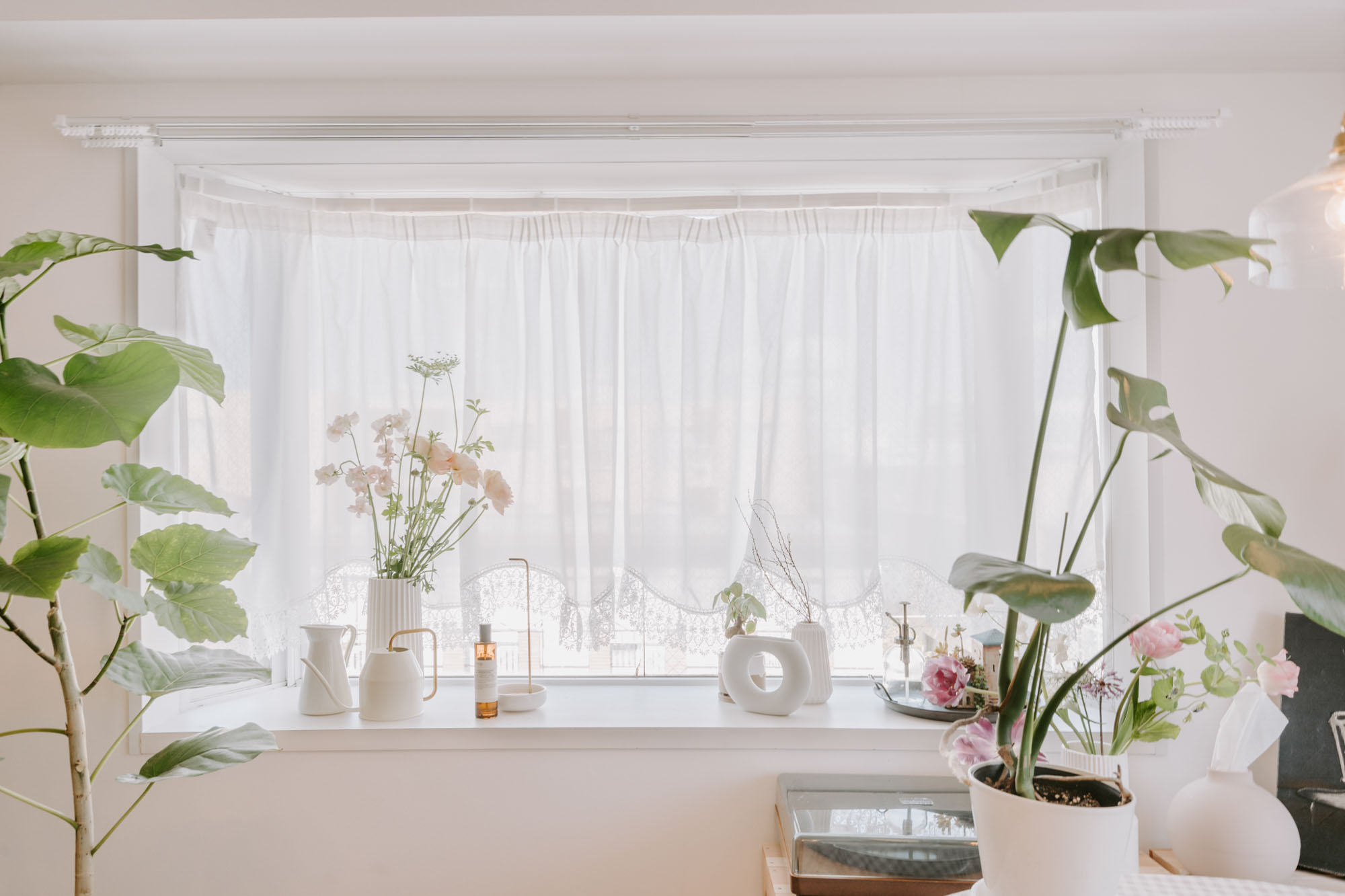 たくさんの植物や白で揃えたオブジェを集めて、絵になる雰囲気にまとめられている出窓のスペース。