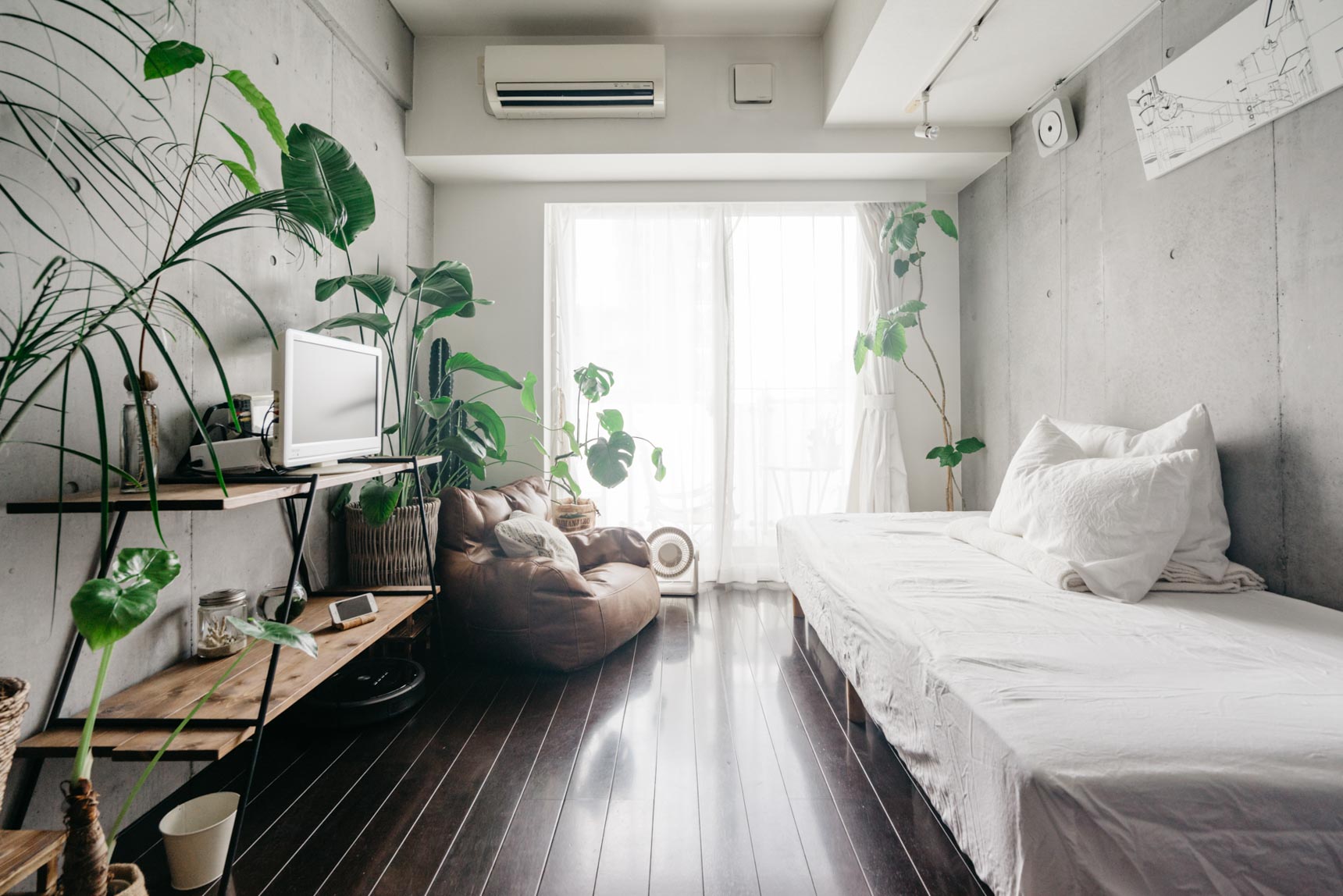 たくさんのグリーンがのびのびと暮らす0.1kgさんのお部屋。植物以外のものは増やさず、家具もお部屋に合わせたコンパクトなものを選んで広々と暮らしていらっしゃいます。