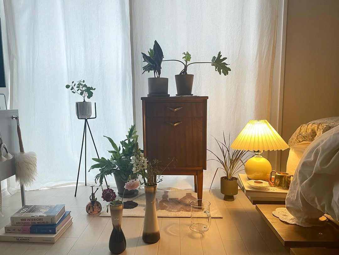 小さいキャビネットは窓際において、植物を飾るコーナーに。