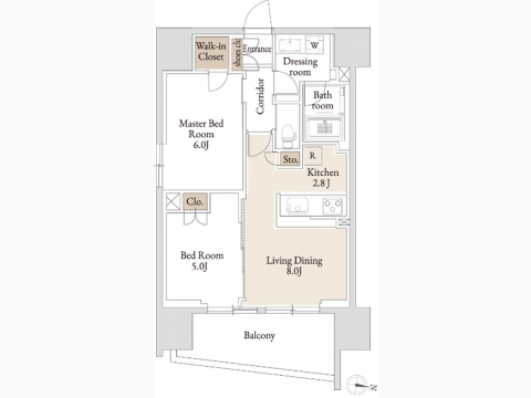 8畳のリビング・ダイニングの横に5畳の洋室、そしてもう1部屋、6畳のメインベッドルームという間取り。
