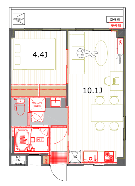 10畳LDK（リビング約5畳）の家具レイアウト例