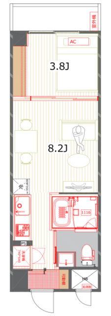 8畳LDK（リビング部分4畳）の家具レイアウト例